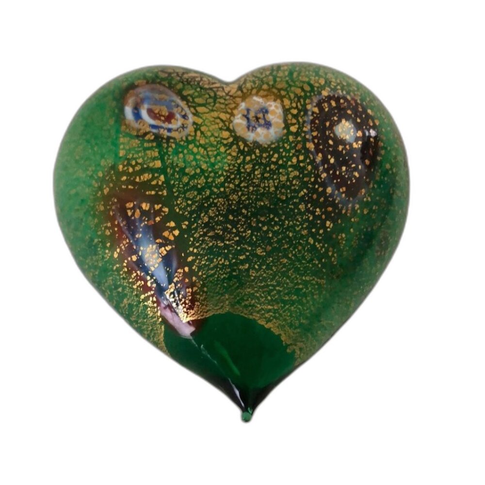 NWOT Murano Hand Blown Italian Art Glass Heart Millefiori Gold Flecks